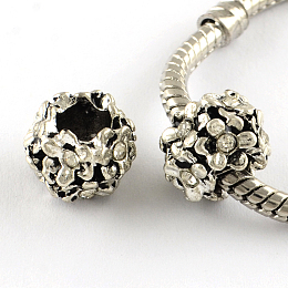 Honeyhandy Antique Silver Plated Alloy Rhinestone Flower Large Hole European Beads, Crystal, 11x8mm, Hole: 5mm