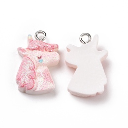 Honeyhandy Opaque Resin Pendants, with Glitter Powder and Platinum Tone Iron Loops, Unicorn Charm, Pink, 22x14.5x6mm, Hole: 2mm