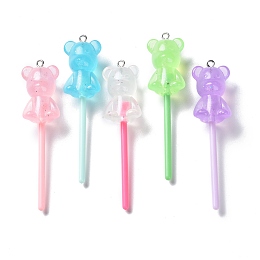 Honeyhandy Luminous Transparent Resin Big Pendants, Glitter Lollipop Charms, Glow in Dark, with Platinum Tone Iron Loops, Mixed Color, Bear, 71x17x15mm, Hole: 2mm