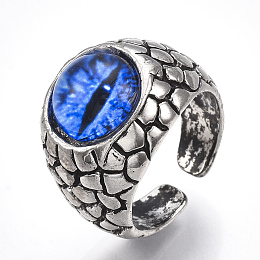 Honeyhandy Alloy Glass Cuff Finger Rings, Wide Band Rings, Dragon Eye, Antique Silver, Blue, Size 9, 19mm