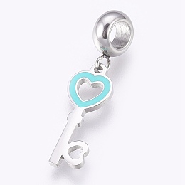 Honeyhandy 304 Stainless Steel European Dangle Charms, Large Hole Pendants, with Enamel, Heart Key, Stainless Steel Color, Cyan, 30mm, Hole: 4mm, Pendant: 20x8x1mm