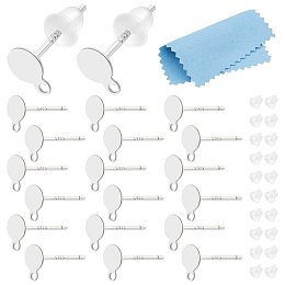 BENECREAT 20Pcs Sterling Silver Stud Earring Findings, Flat Pad Earring Settings, with Horizontal Loop & S925 Stamp, with 20Pcs Plastic Ear Nuts and 1Pc Silver Polishing Cloth, Silver, 5.5x4mm, Hole: 1mm, Pin: 0.6mm