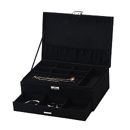 Honeyhandy Velvet & Wood Jewelry Boxes, Portable Jewelry Storage Case, with Alloy Lock, for Ring Earrings Necklace, Rectangle, Black, 27.3x19.5x10.3cm