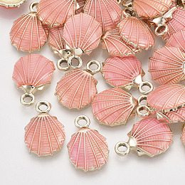 ARRICRAFT Alloy Enamel Pendants, Light Gold, Shell/Scallop, Light Coral, 19.5x13x4.5mm, Hole: 2.5mm