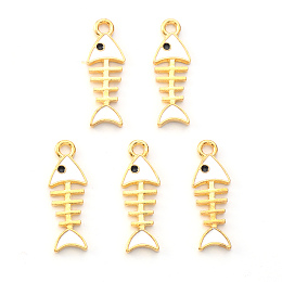 Honeyhandy Light Gold Plated Alloy Enamel Pendants, Fishbone, White, 24x8x1.5mm, Hole: 2mm