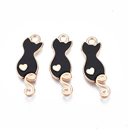 Honeyhandy Alloy Enamel Pendants, Cadmium Free & Lead Free, Cat with Heart, Black, 24.5x8.5x2mm, Hole: 1.8mm