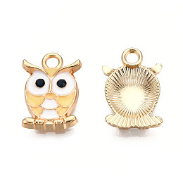 Honeyhandy Alloy Enamel Pendants, with Rhinestone, Light Gold, Owl, Lemon Chiffon, 17x11.5x3.5mm, Hole: 2.5mm