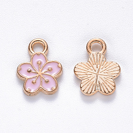 Honeyhandy Alloy Enamel Charms, Flower, Light Gold, Pink, 12x9x2mm, Hole: 1.8mm