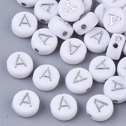 Honeyhandy Plating Acrylic Beads, Silver Metal Enlaced, Horizontal Hole, Flat Round with Letter, White, Letter.A, 7x4mm, Hole: 1.2mm