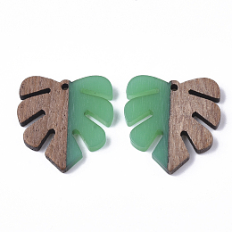 Honeyhandy Resin & Wood Pendants, Tropical Leaf Charms, Monstera Leaf Pendant, Green, 30x28x3.5mm, Hole: 2mm