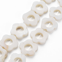 Honeyhandy Freshwater Shell Beads Frames Strands, Dyed, Flower, White, 15~16x15.5~16.5x3mm, Hole: 1mm, about 23~24pcs/strand, 9.33''~10.24''(23.7cm~26cm)