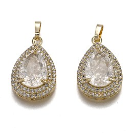 Honeyhandy Golden Plated Brass Micro Pave Clear Cubic Zirconia Pendants, with Glass, Long-Lasting Plated, with Snap on Bails, Teardrop, Clear, 24.5x16x7.5mm, Hole: 3x5mm