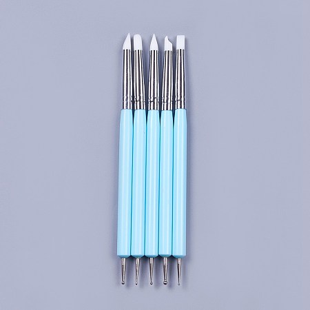 Honeyhandy Silicone Double Head Nail Art Dotting Tools, Nail Brush Pens, Painting Drawing Line Brushes, with Brass Tube and Acrylic Finding, Sky Blue, 14.6~14.7x0.7mm, 5pcs/set