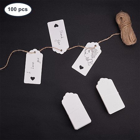 PandaHall Elite 100PCS White Kraft Gift Tags Blank Paper Hang Tags Price Tags with 65 Feet String for Wedding Christmas Day Thanksgiving DIY Craft(95x45mm)
