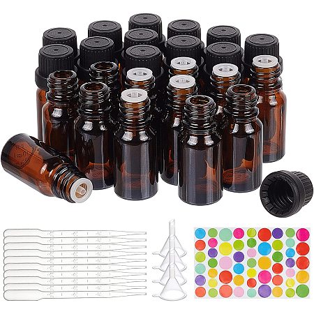 BENECREAT 24 Pack 10ml Brown Glass Essential Oil Bottles Refillable Container Kits with Plastic Droppers, Funnel Hoppers and Sticker for Aromatherapy Fragrance Cosmetic Oil