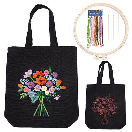 WADORN DIY Canvas Bag Flower Embroidery Kits, Include Polyester Threads, Iron Needles and Plastic Embroidery Frame, Black, Canvas Bag: 578x337x12mm