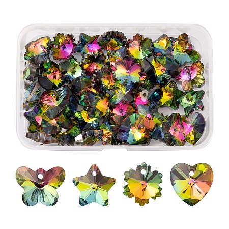 40Pcs 4 Style Electroplated Glass Pendants, Silver Plated Bottom, Faceted, Snowflake & Heart & Butterfly & Star, Colorful, 12~14x12~15x7~8mm, Hole: 1~1.5mm, 10pcs/style