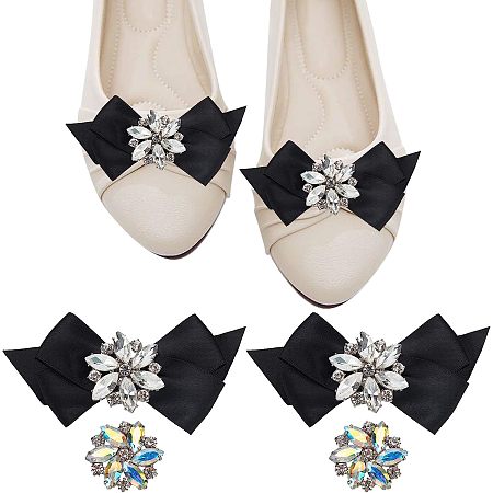 NBEADS 2 Pairs Rhinestone Bow Shoe Clips, 2 Styles Elegant Alloy Flower Black Clips Crystal Glass Rhinestone Shoe Decorations for Shoe Decoration Buckle Accessories Wedding