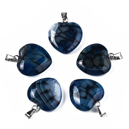 Honeyhandy Natural Dragon Veins Agate Pendants, with Stainless Steel Snap On Bails, Heart, Stainless Steel Color, Prussian Blue, 22~23x19~20x5~6mm, Hole: 3x5mm