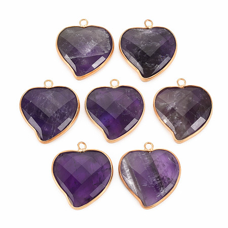 Natural Amethyst Pendants, with Light Gold Plated Brass Findings, Faceted, Heart, 29~29.5x26~26.5x6mm, Hole: 2mm