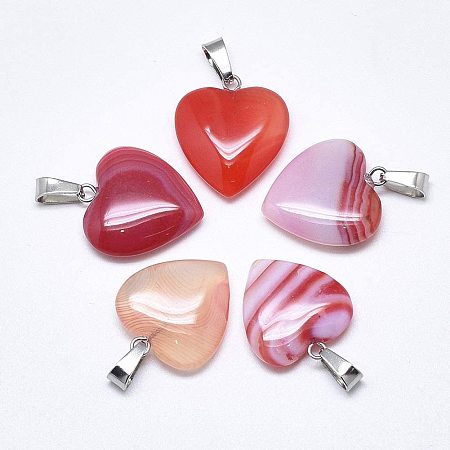 UNICRAFTALE 10pcs Red Heart Striped Agate Pendants with Stainless Steel Snap On Bails Large Hole Charms for DIY Jewelry Making, Hole 3-4x7-8.5mm