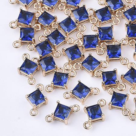 Honeyhandy Transparent Glass Links connectors, with Brass Findings, Faceted, Rhombus, Light Gold, Medium Blue, 11x7x4mm, Hole: 1mm, Side Length: 5mm