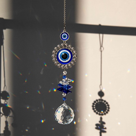 Honeyhandy Evil Eye Pendant Decorations, Alloy & Glass Hanging Suncatchers, for Home Decoration, Flower Pattern, 430mm