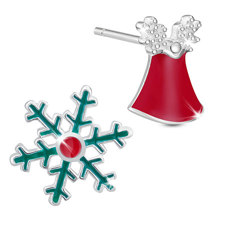 SHEGRACE 925 Sterling Silver Stud Earrings, Asymmetrical Earrings, with Epoxy Resin, Christmas Bell and Snowflake, Platinum, 8.77mm