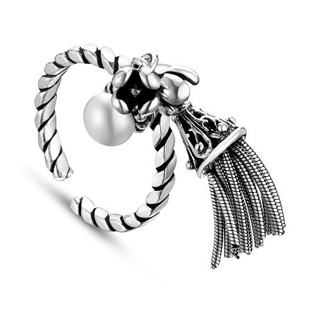 SHEGRACE Vintage Tassel 925 Sterling Silver Cuff Tail Ring, with Freshwater Pearl, Antique Silver, 16mm
