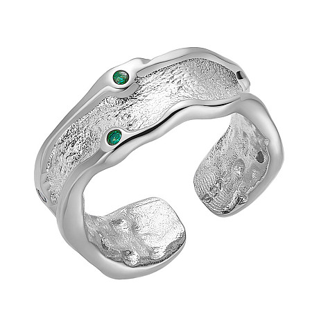 SHEGRACE 925 Sterling Silver Cuff Rings, Open Rings, with Grade AAA Cubic Zirconia, Textured, Carved with 925, Green, Platinum, US Size 5, Inner Diameter: 16mm
