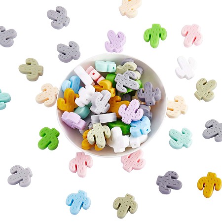 60Pcs Cactus Silicone Beads Colorful Large Hole Loose Spacer Beads Silicone Beads for DIY Necklace Bracelet Earrings Keychain Craft Jewelry Making, Mixed Color, 29x23x8mm, Hole: 2mm