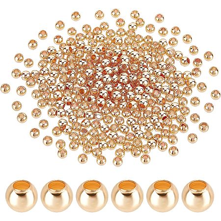 PandaHall Elite 300pcs 14K Gold Plated Spacer Beads, 2.4mm Long-Lasting Loose Connector Beads Round Smooth Brass Beads Seamless Ball Beads for DIY Summer Necklace Bracelet Jewelry Making