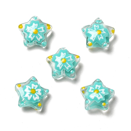 Handmade Lampwork Beads, Star with Flower Pattern, Turquoise, 12~12.5x12.5~13x6~6.5mm, Hole: 0.9~1mm
