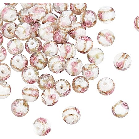 OLYCRAFT 50Pcs 8~8.5mm Gold Sand Lampwork Beads Inner Flower Lampwork Glass Beads Faceted Spacer Loose Beads Pendants Charms for DIY Craft Bracelets Necklace Jewelry Making - White