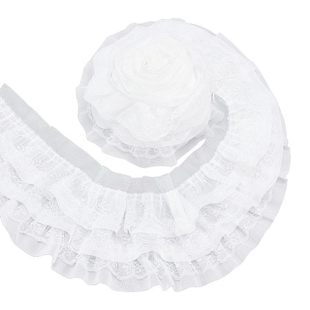 BENECREAT 3-Layer Pleated Chiffon Flower Lace Trim, Polyester Ribbon for Jewelry Making, Garment Accessories, White, 5-1/8 inch(130mm), about 2.73 Yards(2.5m)/Box
