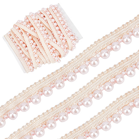 Gorgecraft Polyester Lace Trim, with Acrylic Imitation Pearl Beads, Light Salmon, 1/2 inch(13mm), Beads: 6mm, 4.5~5 yards/bag