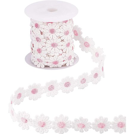 NBEADS 1 Roll 7 Yards Lace Daisy Flower Edging Trim Ribbon, 25mm Wide Polyester Flower Ribbon Appliques with Plastic Spool Sewing Embroidery Crafts for Wedding Dress Clothes Decoration, Pink
