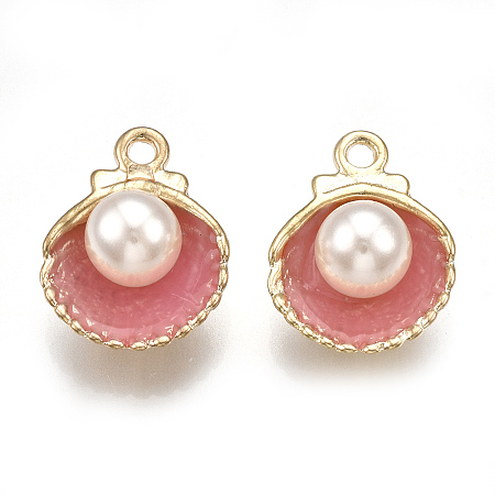 Alloy Enamel Charms, with ABS Plastic Imitation Pearl, Scallop, Light Gold, Hot Pink, 14.5x11x7~8mm, Hole: 1.5mm