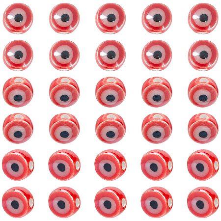 NBEADS About 40 Pcs Red Flat Evil Eye Beads 8mm, Handmade Porcelain Ceramic Beads Glazed Ceramic Turkish Loose Beads for Jewelry Necklace Bracelet Earring Making