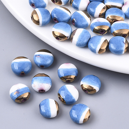 Two Tone Handmade Porcelain Beads, Ornamental with Gold, Flat Round, CornflowerBlue, 10x6mm, Hole: 1.6mm