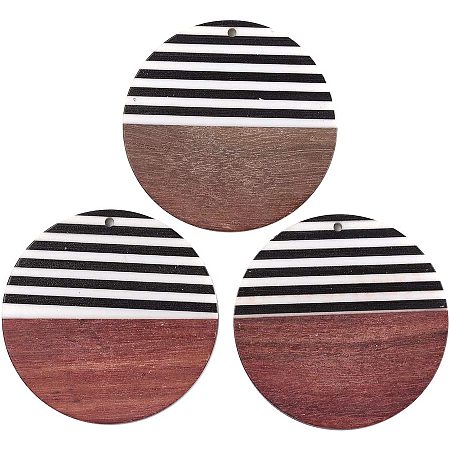 CHGCRAFT 30pcs Resin Wood Pendants Flat Round Wooden Pendants Oval Sienna Pendants for Jewelry Making Hole 2mm