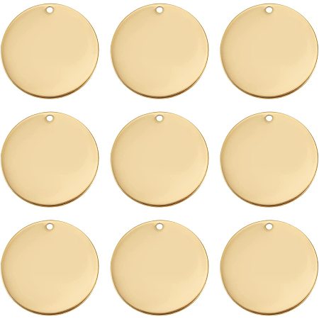 BENECREAT 24Pcs Gold Flat Round Blank Stamping Tag 304 Stainless Steel Round Tags with Hole for Jewelry Making