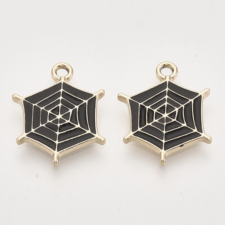 Light Gold Plated Alloy Pendants, with Enamel, Spider Web, Black, 20x16.5x1.5mm, Hole: 2mm