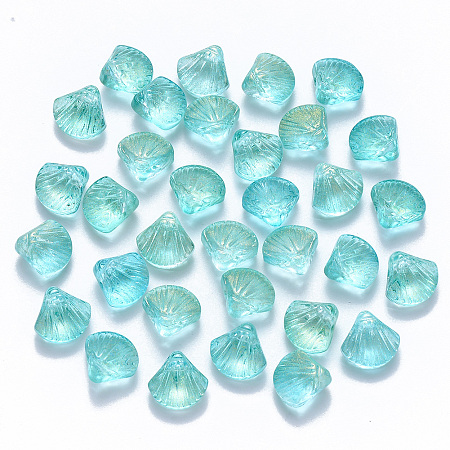 Nbeads Transparent Spray Painted Glass Beads, Top Drilled Beads, with Glitter Powder, Scallop Shape, Turquoise, 10x10.5x6mm, Hole: 1mm