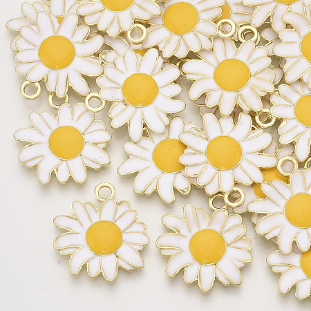 Nbeads  Alloy Pendants, with Enamel, Flower/Daisy, Light Gold, White, 27x25x2.5mm, Hole: 3mm