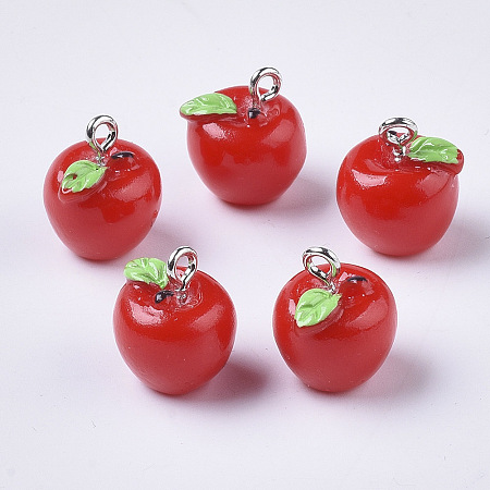 Honeyhandy Apple Resin Charms, with Platinum Tone Iron Screw Eye Pin Peg Bails, Red, 15x12mm, Hole: 2mm