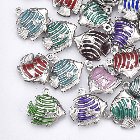 304 Stainless Steel Pendants, with Enamel, Fish, Stainless Steel Color, 13x12x4mm, Hole: 1mm