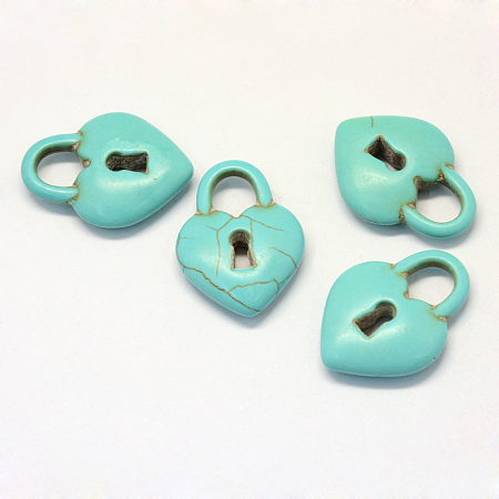 Honeyhandy Synthetic Turquoise Pendants, Dyed, Heart Padlock, Dark Turquoise, 33x24~24.5x7mm, Hole: 8mm
