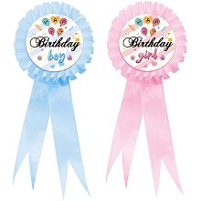 GLOBLELAND 2Pcs Birthday Boy and Girls Badge Pins Balloons Pattern Birthday Party Button Pins Brooch Pin Ribbon Brooches Gifts for Adults Kids Men or Women, 7.7x3.4 Inch