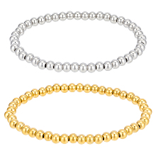 BENECREAT 4Pcs 2 Colors 201 Stainless Steel Round Beaded Stretch Bracelets Set for Men Women, Real Gold Plated & Stainless Steel Color, Inner Diameter: 2 inch(5.2cm), 2Pcs/color